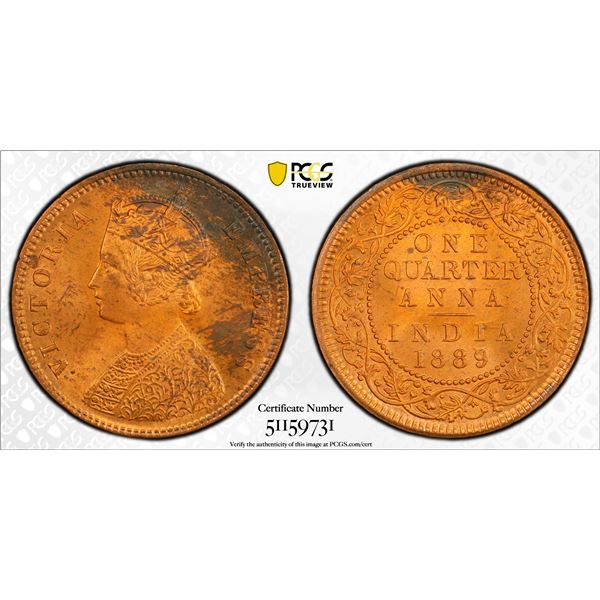 BRITISH INDIA: Victoria, Empress, 1876-1901, AE 1/4 anna, 1889(c), PCGS MS64 RB
