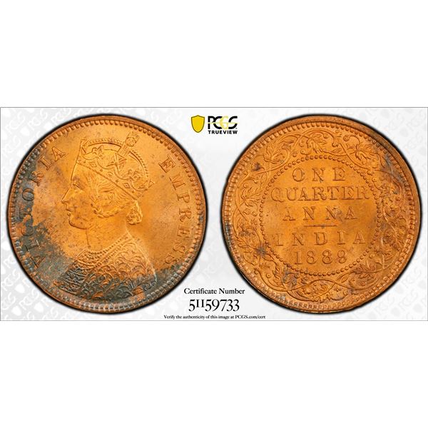 BRITISH INDIA: Victoria, Empress, 1876-1901, AE 1/4 anna, 1889(c), PCGS MS64 RB
