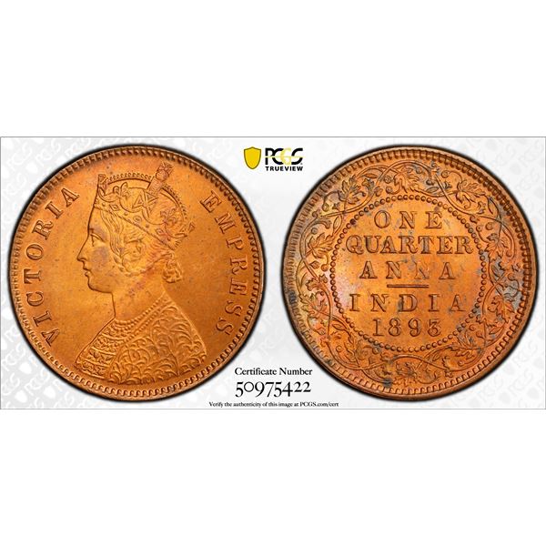 BRITISH INDIA: Victoria, Empress, 1876-1901, AE 1/4 anna, 1893(c), PCGS MS64 RD