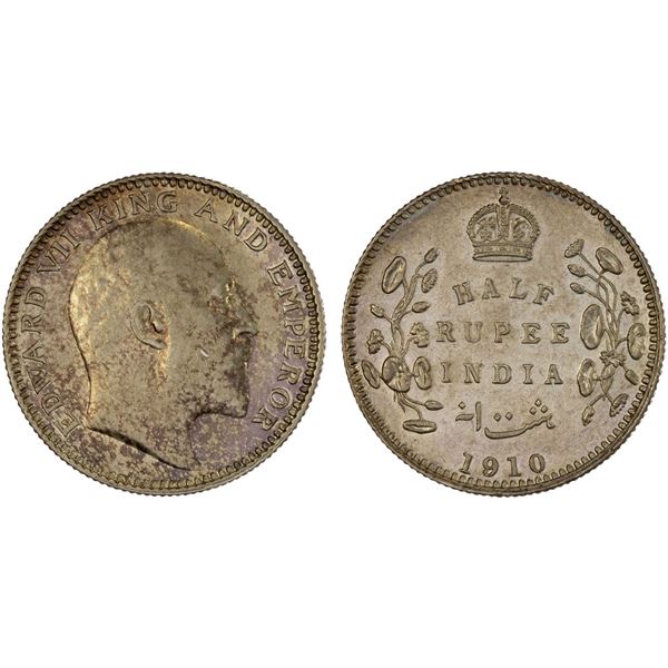 BRITISH INDIA: Edward VII, 1901-1910, AR 1/2 rupee, 1910(c), AU