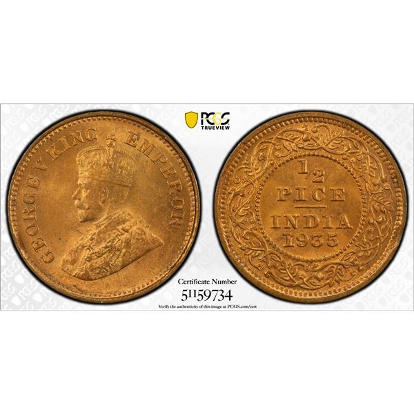 BRITISH INDIA: George V, 1910-1936, AE 1/2 pice, 1935(c), PCGS MS65 RD