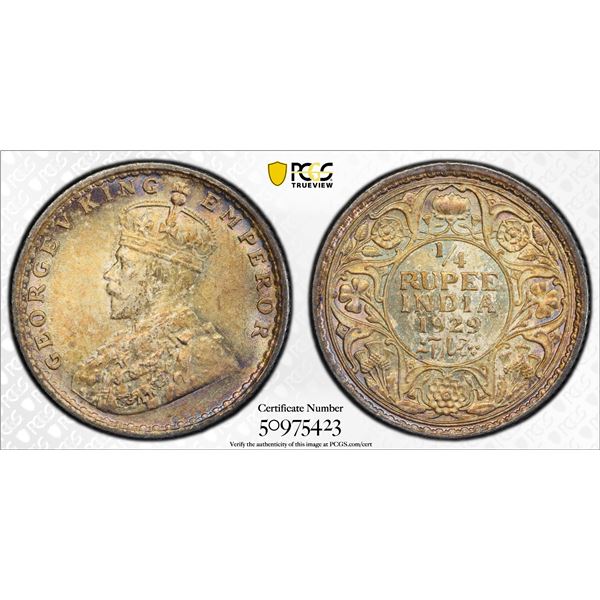 BRITISH INDIA: George V, 1910-1936, AR 1/4 rupee, 1929(c), PCGS MS65