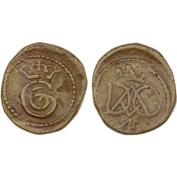 DANISH INDIA: Christian VI, 1730-1746, AE 4 kas (3.29g), Tranquebar, ND, VF