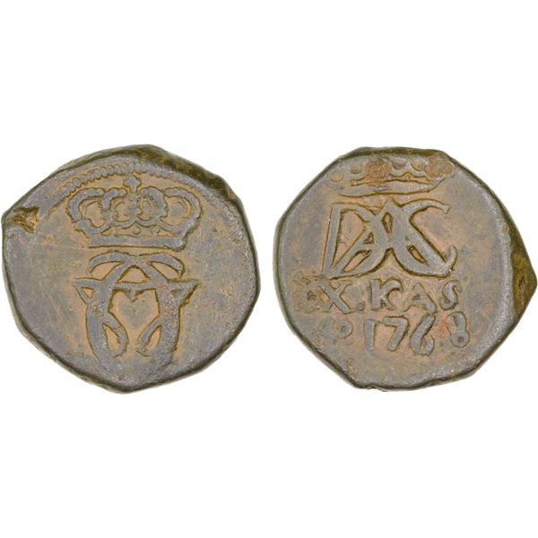 DANISH INDIA: Christian VII, 1766-1808, AE 10 kas (6.53g), Tranquebar, 1768, VF