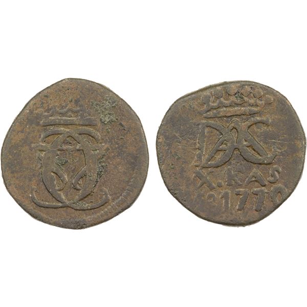 DANISH INDIA: Christian VII, 1766-1808, AE 10 kas (5.90g), Tranquebar, 1770, VF