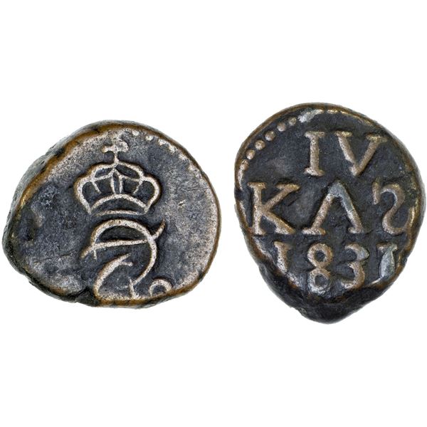 DANISH INDIA: Frederik VI, 1808-1839, AE 4 kas (2.44g), Tranquebar, 1831, strong VF