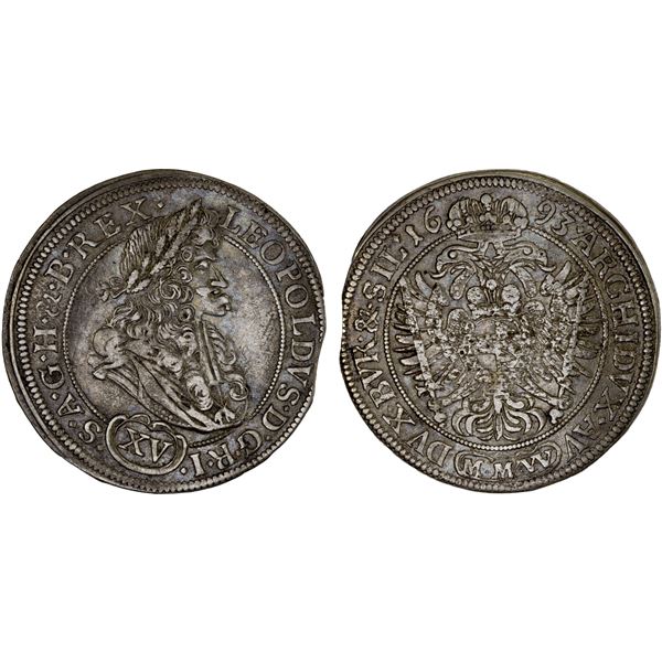 AUSTRIA: BRESLAU: Leopold I, 1657-1705, AR 15 kreuzer (6.79g), 1693, Choice VF