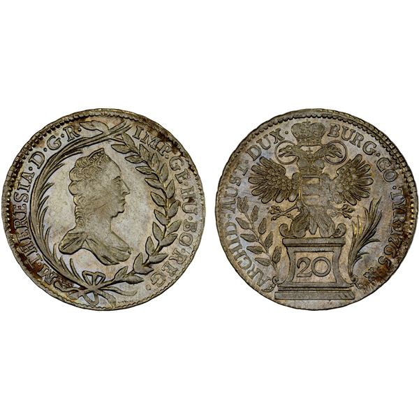 AUSTRIA: Maria Theresa, 1740-1780, AR 20 kreuzer, Vienna, 1765, AU-UNC