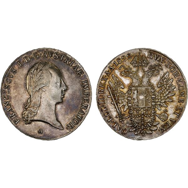 AUSTRIA: Franz I, 1804-1835, AR thaler, 1822-A, Choice XF