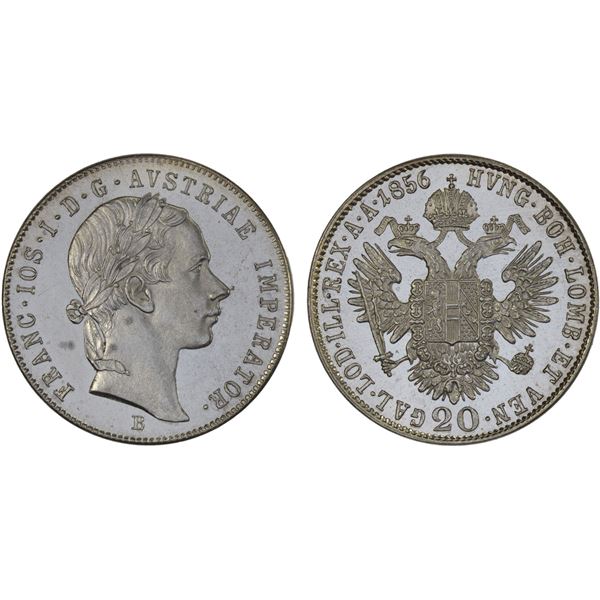 AUSTRIA: Franz Joseph I, 1848-1916, AR 20 kreuzer, 1856-B, Unc
