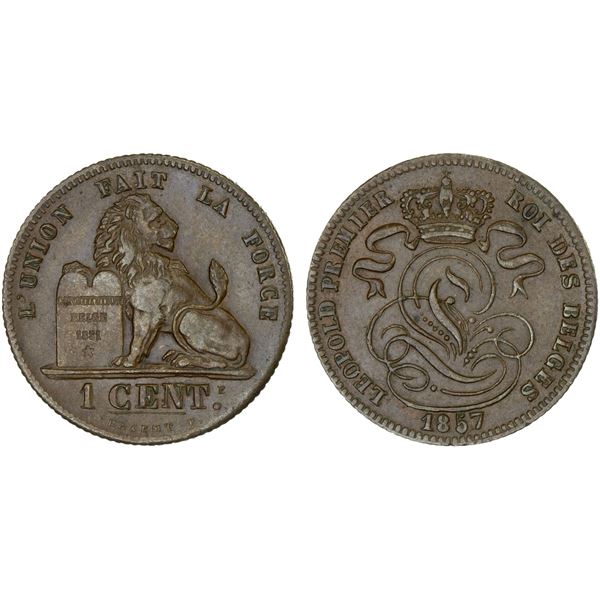BELGIUM: Leopold I, 1831-1865, AE centime, 1857, Choice VF