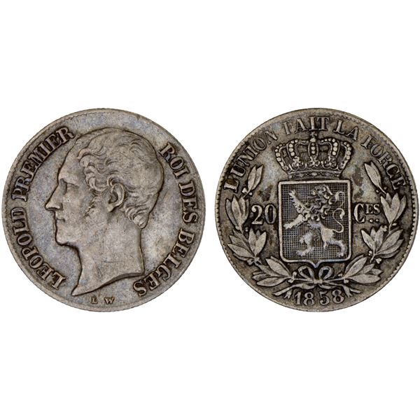 BELGIUM: Leopold I, 1831-1865, AR 20 centimes, 1858, F-VF