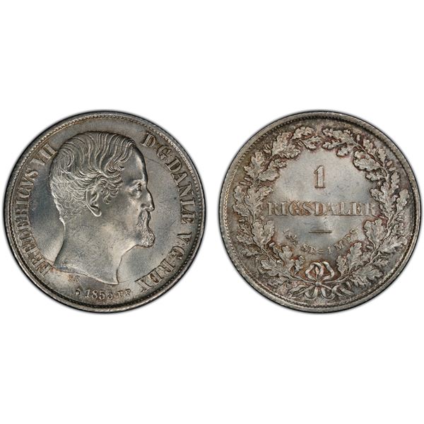 DENMARK: Frederik VII, 1848-1863, AR rigsdaler, 1855, PCGS MS64