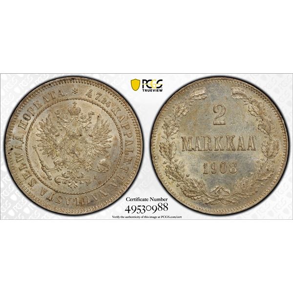 FINLAND: Nicholas II, Grand Duke, 1894-1917, AR 2 markkaa, 1908-L, PCGS MS62