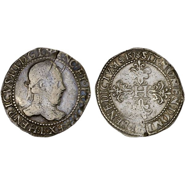 FRANCE: Henri III, 1574-1589, AR franc d'argent (13.89g), Rouen, 1578-B, F-VF
