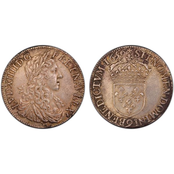 FRANCE: Louis XIV, 1643-1715, AR 1/2 ecu, Rennes, 1659-9, PCGS AU55