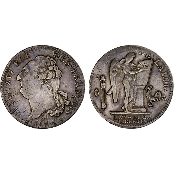 FRANCE: Republic, AR ecu (6 livres), 1792-A, VF