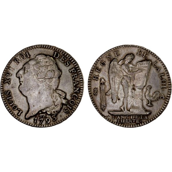 FRANCE: Louis XVI, 1774-1792, AR écu, 1793-A year 5, Choice VF