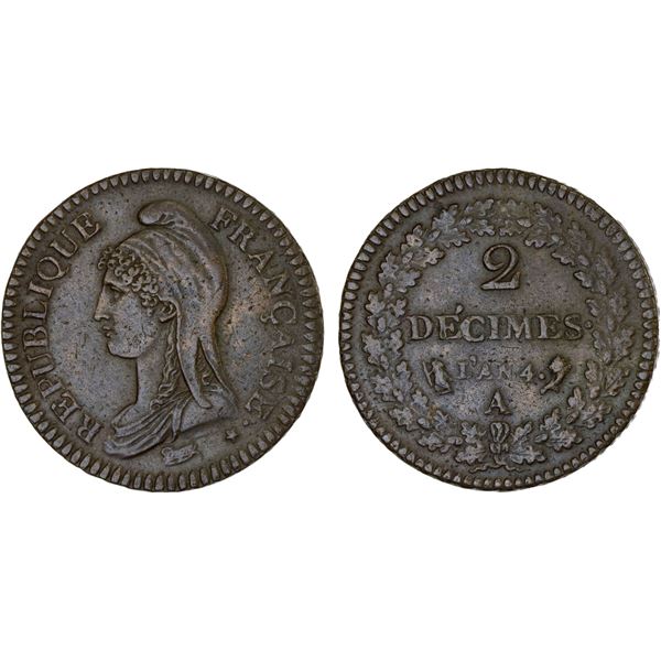 FRANCE: Directory, AE 2 decimes, L'AN 4 (1795-6)-A, Choice VF