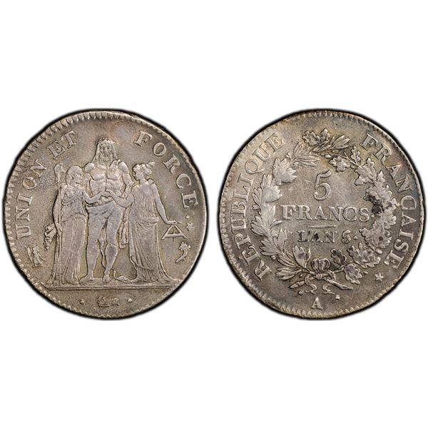 FRANCE: Directory, AR 5 francs, L'AN 5 (1796-7)-A, PCGS XF details