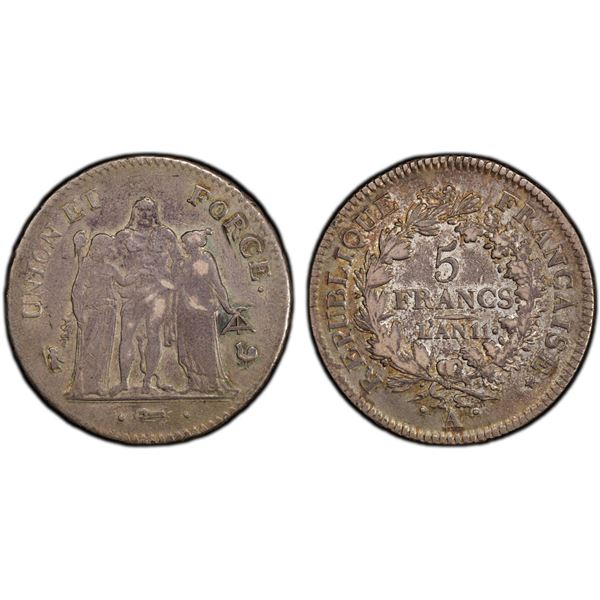 FRANCE: Napoleon I, as First Consul, 1799-1804, AR 5 francs, Paris, L'AN 11-A (1802-3), PCGS VF30