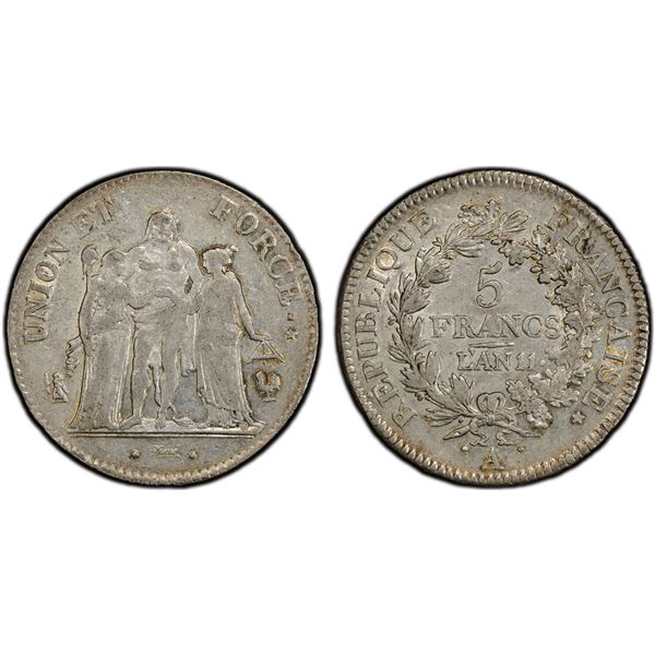 FRANCE: Napoleon I, as First Consul, 1799-1804, AR 5 francs, Paris Mint, L'AN 11 (1802), PCGS EF45