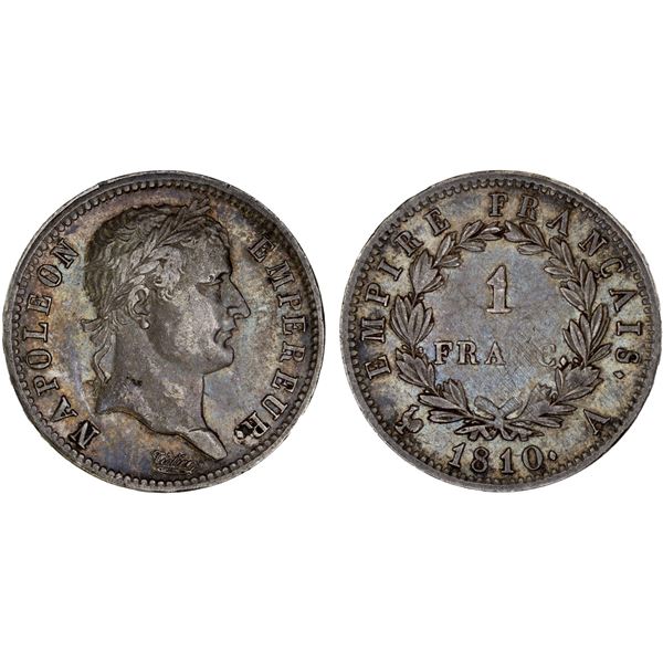 FRANCE: Napoleon I, 1804-1814, AR franc, Paris, 1810-A, XF
