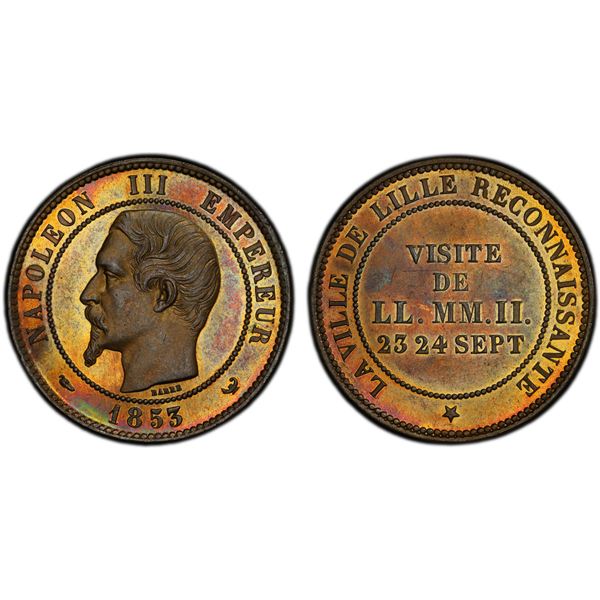 FRANCE: Napoleon III, 1852-1870, AE 10 centimes, 1853, PCGS MS65 RB