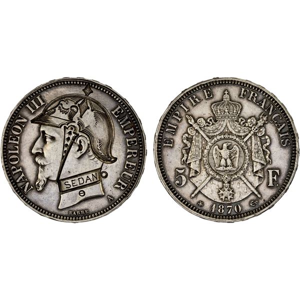 FRANCE: Napoleon III, 1852-1870, AR 5 francs, 1870-A, XF