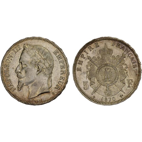 FRANCE: Napoleon III, 1853-1870, AR 5 francs, 1870-BB, XF-AU