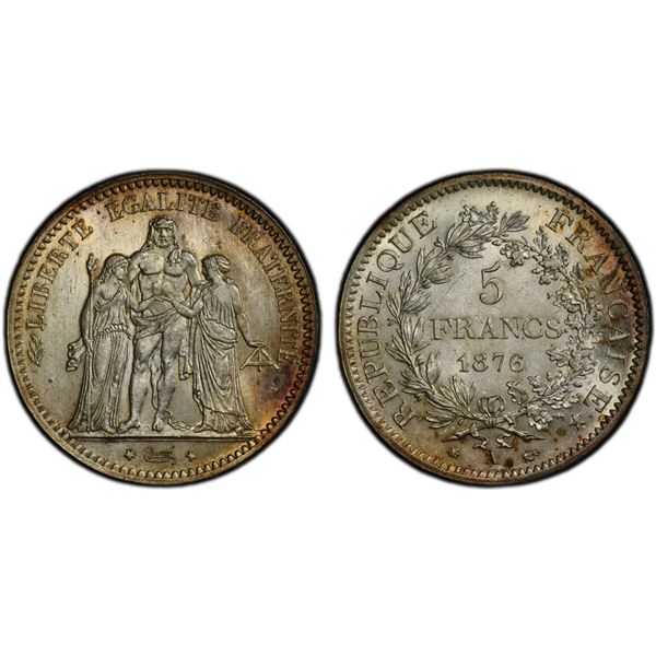 FRANCE: Third Republic, AR 5 francs, 1876-A, PCGS MS63