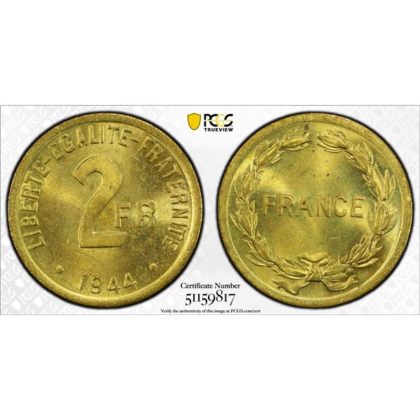FRANCE: Provisional Government of the French Republic, brass 2 francs, 1944, PCGS MS64