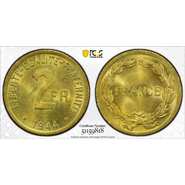 FRANCE: Provisional Government of the French Republic, brass 2 francs, 1944, PCGS MS63