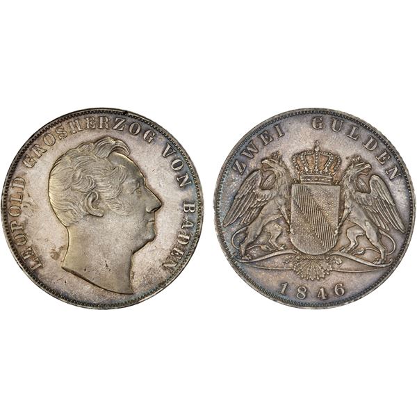 BADEN: Leopold I, 1830-1852, AR 2 gulden, 1846, XF