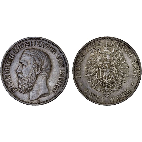 BADEN: Friedrich I, 1858-1907, AR 2 mark, 1876-G, VF-XF