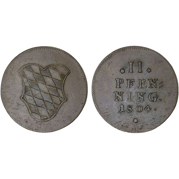 BAVARIA: Maximilian IV, Josef, as Elector, 1799-1805, AE pfenning, 1804, VF-XF