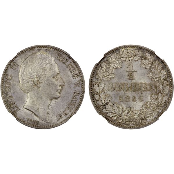 BAVARIA: Ludwig II, 1864-1886, AR 1/2 gulden, 1865, NGC MS64