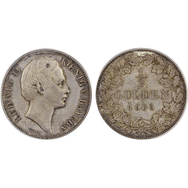 BAVARIA: Ludwig II, 1864-1886, AR 1/2 gulden, 1865, ANACS MS63