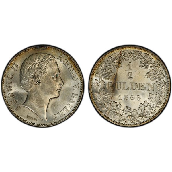 BAVARIA: Ludwig II, 1864-1886, AR 1/2 gulden, 1866, PCGS MS64