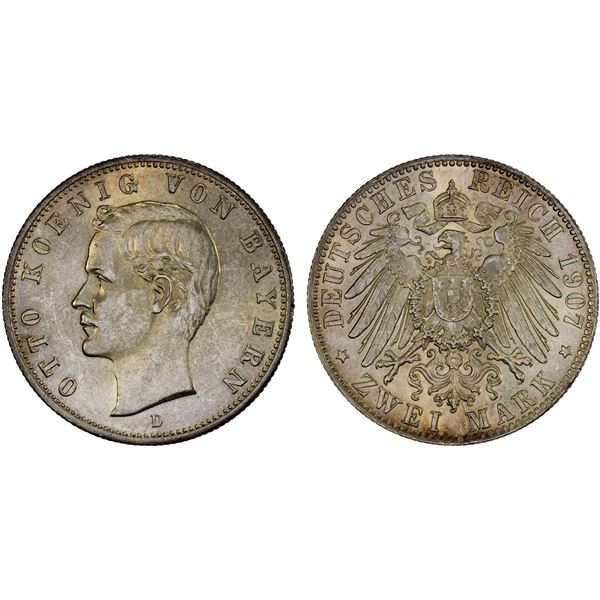 BAVARIA: Otto, 1886-1913, AR 2 mark, 1907-D, Unc