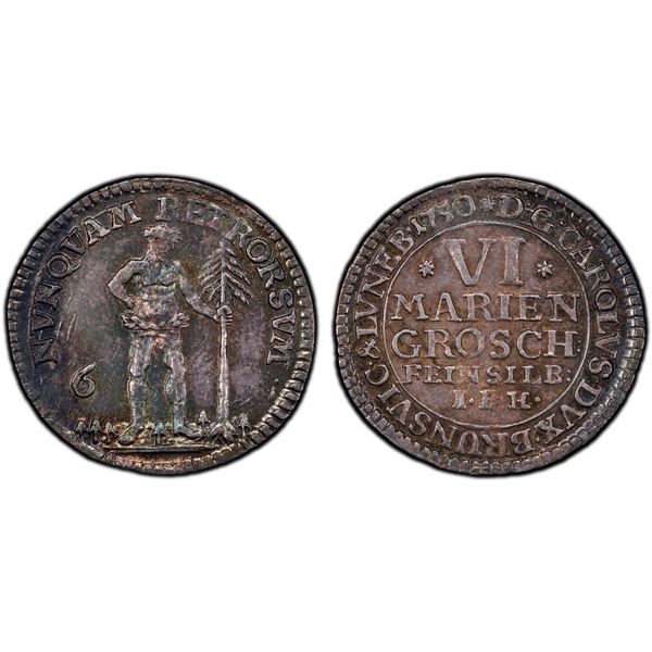 BRUNSWICK-WOLFENBÜTTEL: Karl I, 1735-1780, AR 6 mariengroschen, Zellerfeld, 1750, PCGS MS63