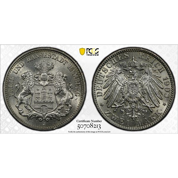 HAMBURG: Free Hanseatic City, AR 2 mark, 1908-J, PCGS MS64