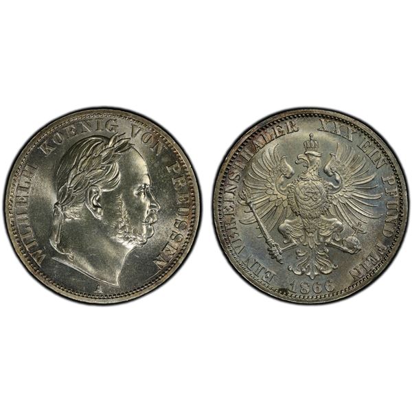 PRUSSIA: Wilhelm I, 1861-1888, AR vereinsthaler, 1866-A, PCGS MS64