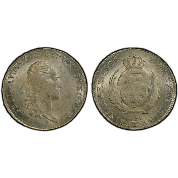 SAXONY: Friedrich August I, 1806-1827, AR 2/3 thaler, 1808, PCGS MS63