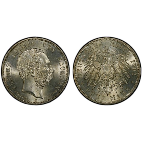 SAXONY: Georg I, 1902-1904, AR 5 mark, 1902-E, PCGS MS64