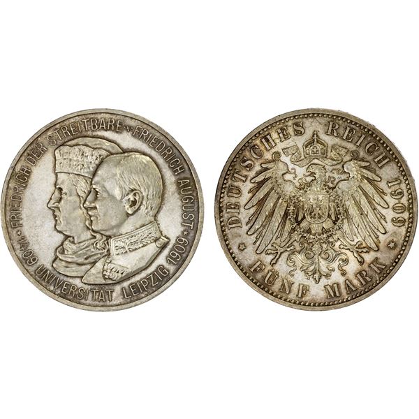 SAXONY: Friedrich August III, 1904-1918, AR 5 mark, 1909, Choice AU