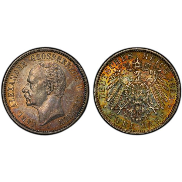 SAXE-WEIMAR-EISENACH: Karl Alexander, 1853-1901, AR 2 mark, 1892-A, PCGS MS62