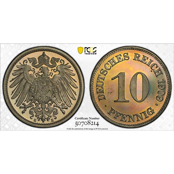 GERMANY: Kaiserreich, 10 pfennig, 1909-E, PCGS Proof 64 CAM