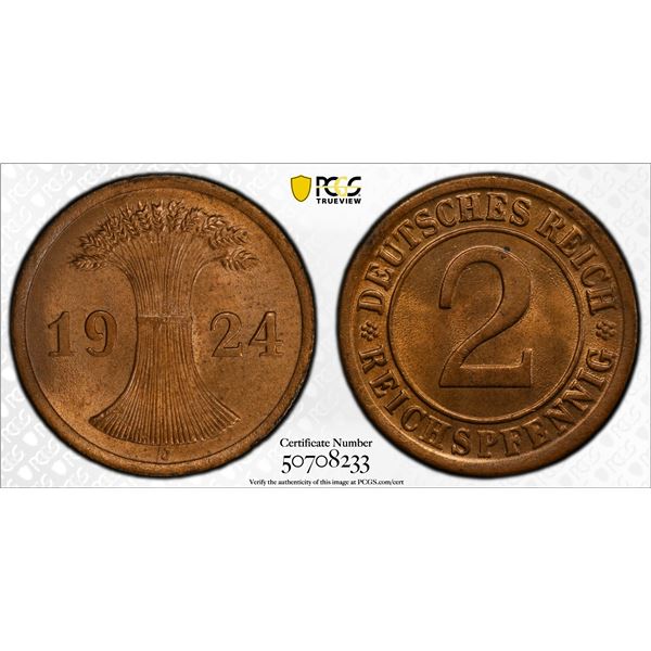 GERMANY: Weimar Republic, AE 2 reichspfennig, 1924-J, PCGS MS65 RB