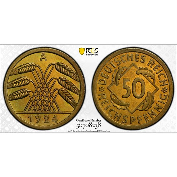 GERMANY: Weimar Republic, 50 reichspfennig, 1924-A, PCGS Proof 65